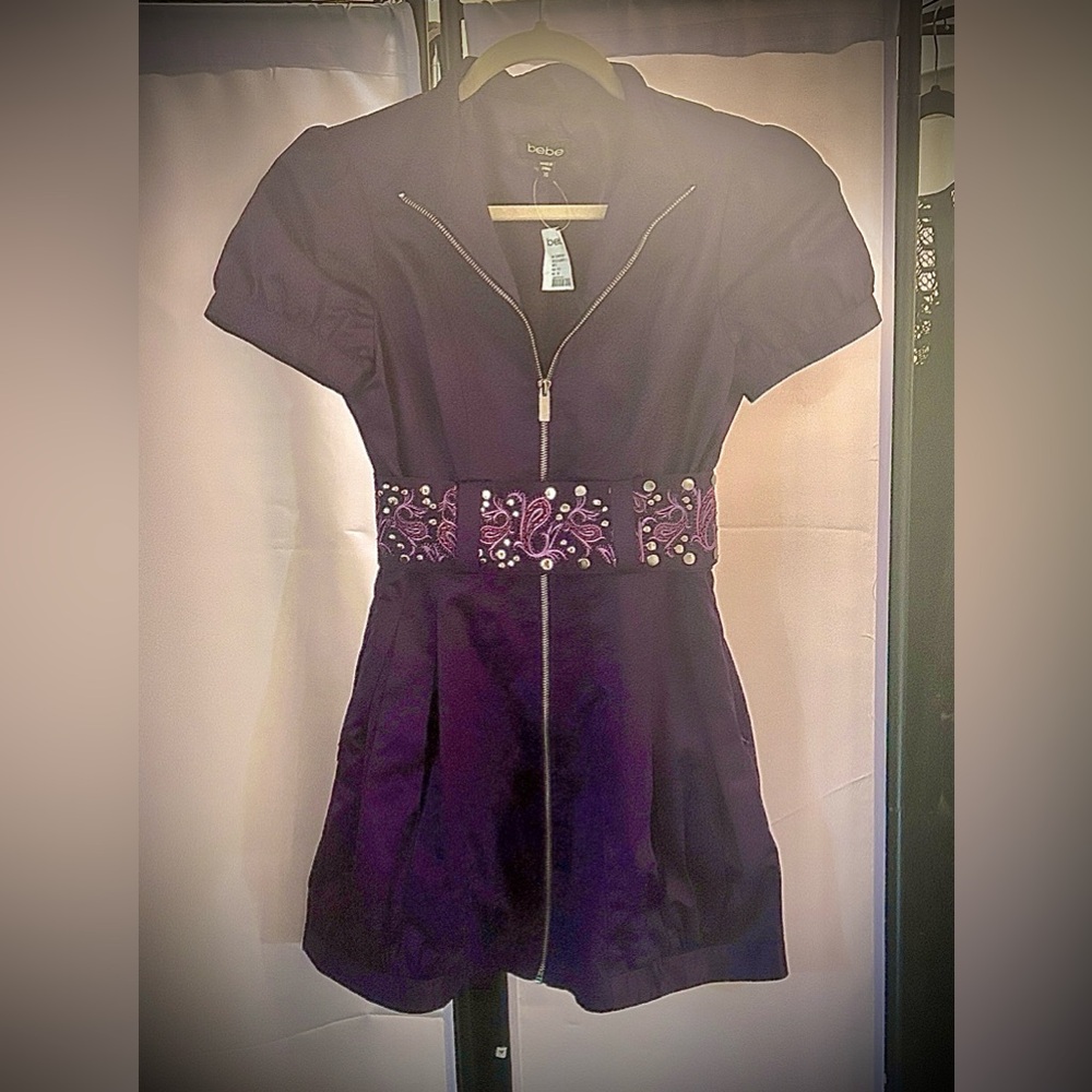 Bebe Dark Purple Mini Dress with Embellished Belt
